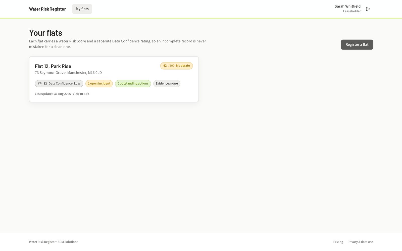 Leaseholder dashboard listing registered flats and incidents